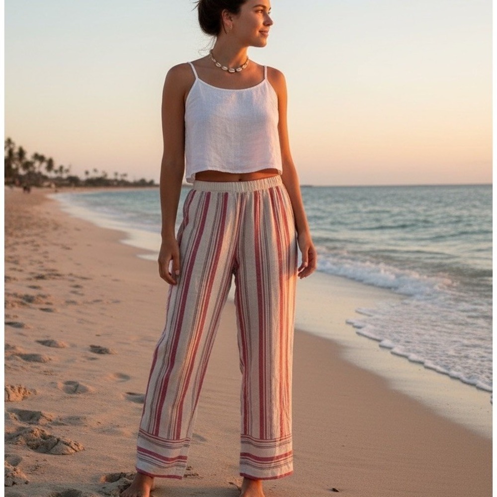 Wide Leg Linen Pants Striped Ellen Tracy Pink & Cream Women's 16 Relaxed Beachy